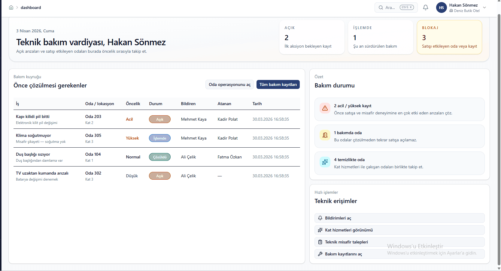 Hanio technical maintenance dashboard with prioritized hotel maintenance records
