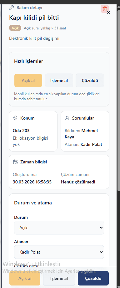 Hanio mobile maintenance detail with status controls, assignment, and timing information