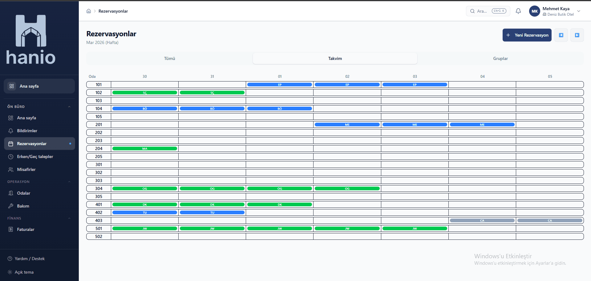 Hanio weekly reservation calendar organized by room