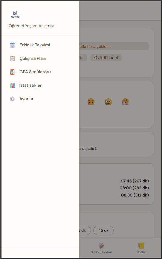 Nuvida mobile navigation listing the activity calendar, study plan, GPA simulator, statistics, and settings