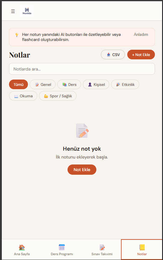 Nuvida notes screen with search, categories, CSV export, and AI summary and flashcard guidance